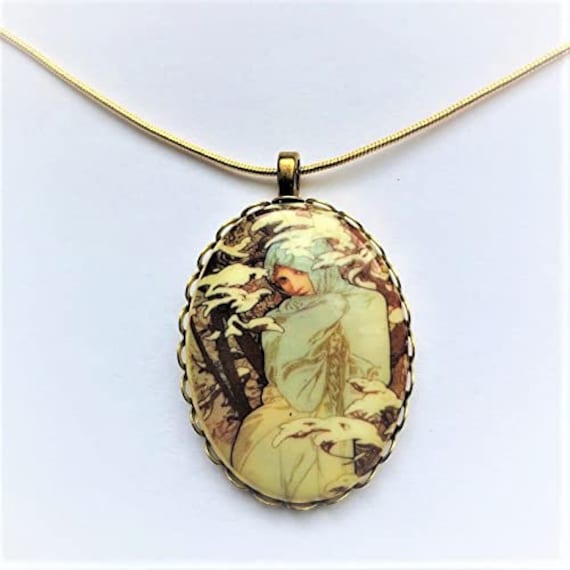 Cameo Oval Pendant/or Brooch, Victorian Winter Lady Four Seasons Alphonse Mucha Golden Brass Filigree Frame
