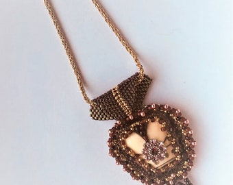 Beadwoven Pendant, Vintage Royal Crown Necklace, Vintage carved Crown Edwardian Victorian Necklace, Embroidery Crown Necklace, Gift for Her