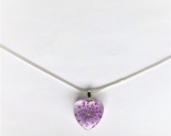 Lilac Floral Necklace Love Nature Purple Lilac Flower& Heart Pendant Silver Filled Chain Flower Under Glass Gift for Her by enchantedbeads