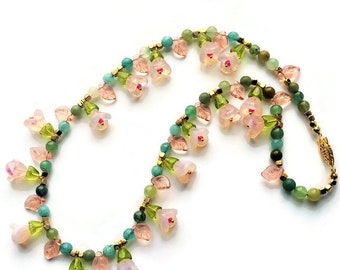 Cherry Blossom Floral Necklace, Summer Cherry Pink Flowers, Green Leaves, Glass Statement Necklace, Lamp work Flowers Necklace, Gift for Her