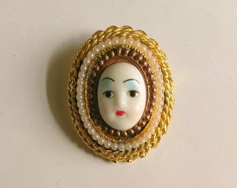 Vintage Girl Face Brooch Gift Woman's Face Cameo White Pearls Golden Filigree Pin Copper Frame Brooch Cute Brooch for Her by enchantedbeas