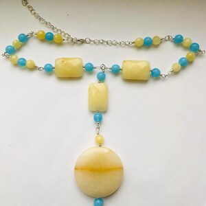Blue Jade and Calcite/ Citrine Stone Necklace, yellow Rectangular & Round beads, Gift for Her