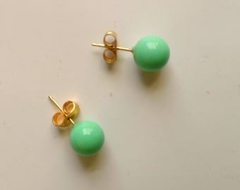 Vintage Dainty Teal Spherical Earrings Round Sphere Stud Earring Light Green Earrings Gold Plated Post Earrings for Her by enchantedbeas