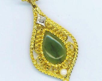 Green Moss Agate Stone, Vintage Pendant Gold Plated Filigree Frame G. Pl Chain, Pearl Rhinestone Moss Green Necklace, Agate Necklace for Her