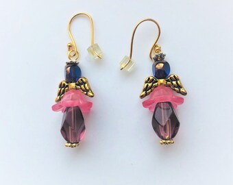 Angel Earrings Holidays Purple and Pink Skirt Earrings Communion Easter Christmas Angel Earrings Gold Plate Guardian Angels by enchantedbeas