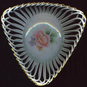 Extra Fine Porcelain Basket Made in Romania Vintage Triangle Shape Basket Pink, Lilac, Green Spring Flower Basket Ornamental Gift for Family