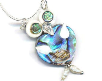 Abalone Heart Owl Pendant, Mother of Pearl, Pearl & Rhinestone Beak