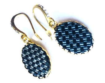 Vintage Checkerboard Glass Cabochon Earrings – Gold Filigree Dangle Earrings