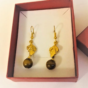 Tiger eye Pierced Acorn Earrings Dangle Earring Golden Brass Oak Leaf Gold plated Earrings Fall Autumn Earring Gift for Her by enchantedbeas