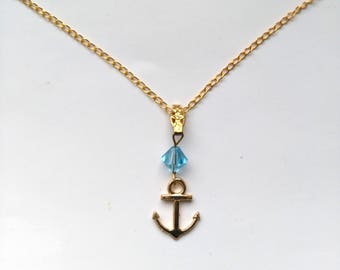 Gold Plated Anchor Nautical Beach Boat Pendant Nautical Charm Anchor Blue Austrian Crystal OOAK Gift for her Hope Pendant by enchantedbeads