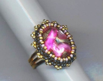 Vintage German Beadwoven Glass Ring Fuchsia Pink Rose Lilac Ring Gold Plated Marbled Statement Ring Gift for Her Fancy Pink by enchantedbeas