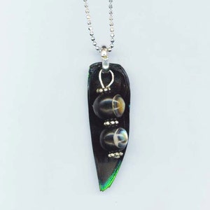 Two Peas in a Pod Necklace Green Elytra Beetle Pendant Silver plated Chain Vegetable Jewel Abalone Inlaid Twin Peas Green Pod enchantedbeas