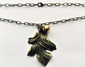 Golden Brass Large Oak Leaf Oak Tree Fruit Pearl Acorn Nature Pendant Botanical Thanksgiving Halloween Fall Autumn Necklace by enchantedbeas