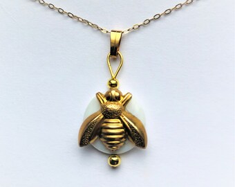 Honey Bee Pendant Iridescent Mother of Pearl Golden Bronze Bumble Bee Gold Pl Pendant G Filled chain BEE Mine Gift for her by enchantedbeads