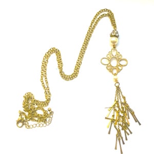 Vintage Long Chain Gold Plated Pendant with faux Pearls, Rhinestone Pave Cup Geometric Drop Pendant&  Necklace Gift for her by enchantedbeas