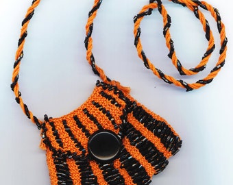 Hand Knit Beaded Cotton Purse Pendant Knitted Pouch Coral Stripes Halloween Orange Amulet Keepsake Clutch Necklace by enchantedbeas on Etsy