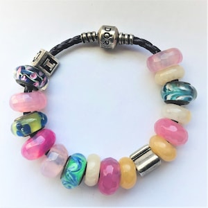 European Style Bracelet Agate Bracelet, Lamp work Gemstone Bracelet, Braided Leatherette Friendship Bracelet, Her Autumn Spring Summer Gift