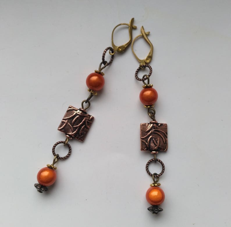 Miracle Beads& Copper Pierced Earrings Long Dangle Earring Brass Leverback Earrings Shiny Orange Miracle bead Cute Earrings by enchantedbeas image 3