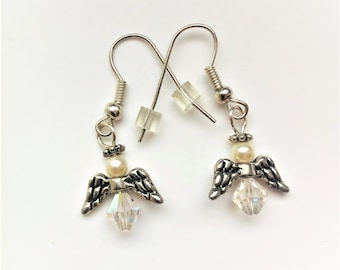 Small Angel Sterling Silver Earrings Faceted Crystals Communion Earrings Guardian Angel Silver Plated Wing Faux Pearl Watching Over You Gift