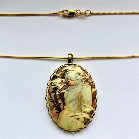 Cameo Oval Pendant/or Brooch, Victorian Winter Lady Four Seasons Alphonse Mucha Golden Brass Filigree Frame View 3