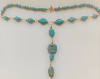 Turquoise Blue Designer Stone Necklace, colorful Ceramic Pendant, Rectangular/ Round Lariat Unique Classy Gift