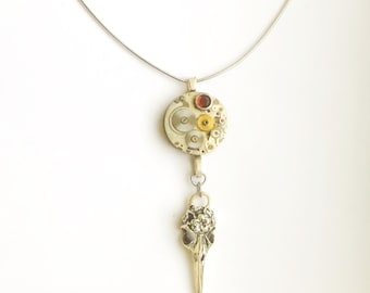 Steampunk Vintage Pendant Industrial Victorian Gothic Pendant Swiss 17 Jewel Watch Movement silver filled chain Save the Birds Gift for Her