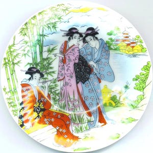 Small Vintage Plate Made in Japan, Vintage Collector Plate, Tanaka Geisha pink red green blue Porcelain Plate, Japanese Garden, Family Gift