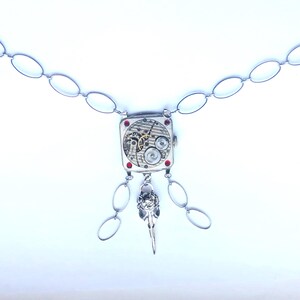 Steampunk Vintage Watch Face Industrial Victorian Gothic Necklace Rhinestone Silver Color Pendant Upcycled Save the Birds, large link chain