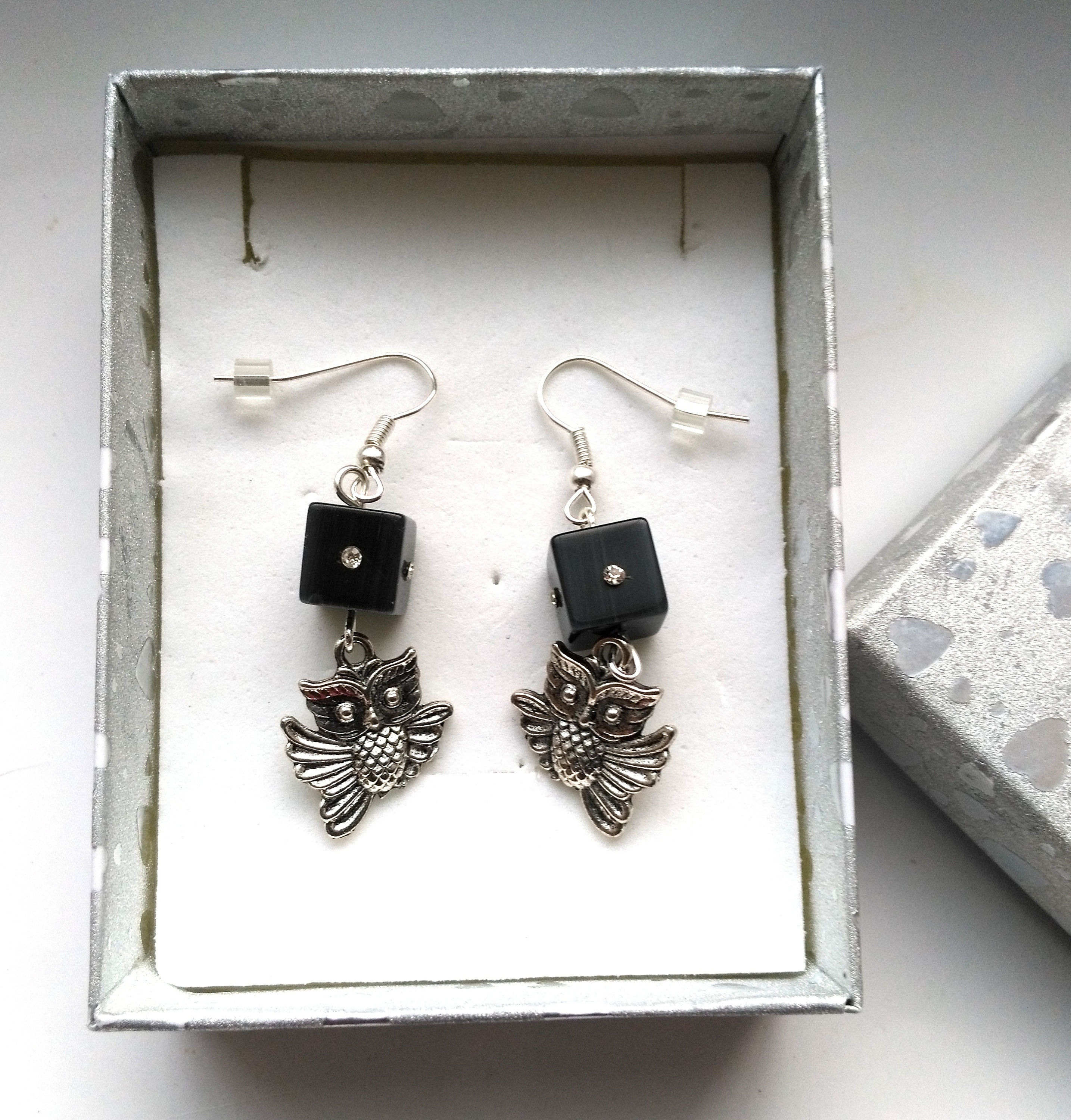 Owl Earrings with Vintage Rhinestone Black Cube Silver Pl. French Ear Wires Small Silver Plated Owl