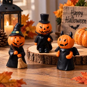 Mini Halloween Pumpkin Figurines, Witch Devil Vampire Decor (2.75" Tall)