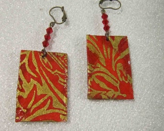 Red and Gold Collage Earrings with Red Crystals