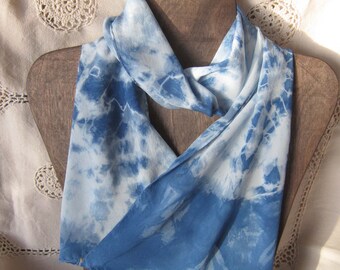 Ripples on the Sea - Crepe de Chine Silk Scarf Hand Dyed with Indigo