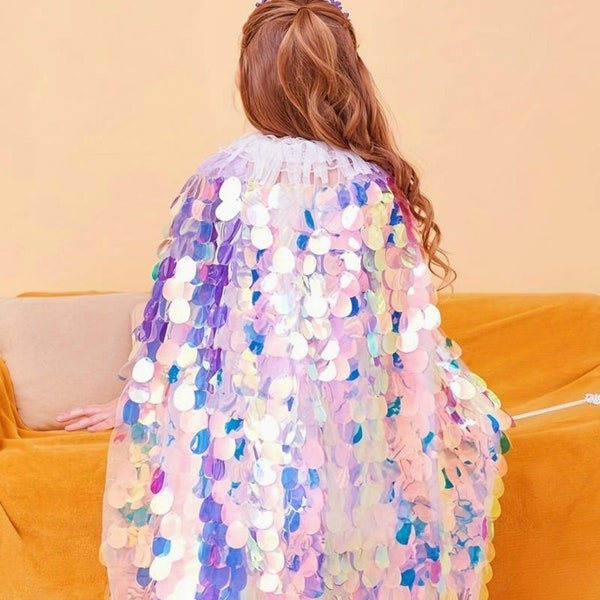 Girl’s Halloween Shimmery cape, Toddler mermaid cape, Princess Fairy dress up, Sequin Sparkly Shiny Glitter Party wear, Birthday photo Prop