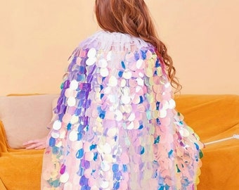 Girl’s Halloween Shimmery cape, Toddler mermaid cape, Princess Fairy dress up, Sequin Sparkly Shiny Glitter Party wear, Birthday photo Prop