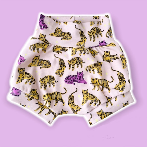 Organic Pink Tigers Baby Bummies Bloomers, Cute Baby Girl Shorties, Wild One Girl theme outfit, Pink Cheetah theme, trendy toddler shorts