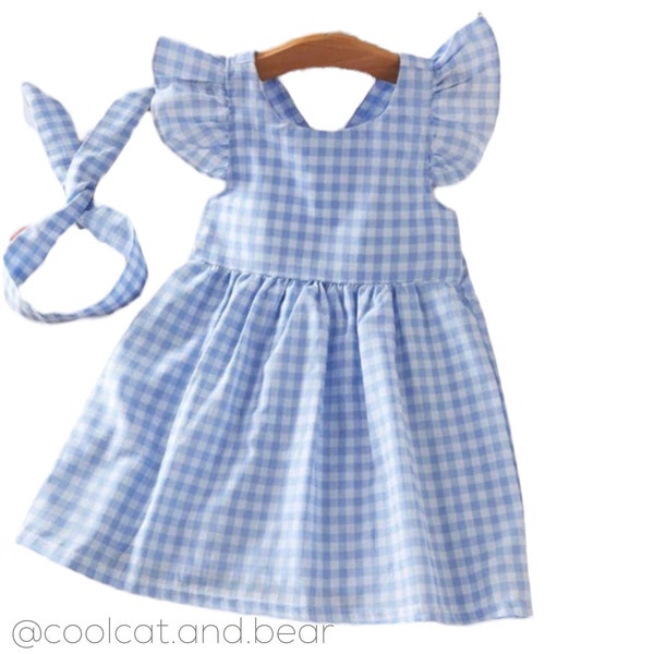 Dorothy Blue Gingham dress w. Matching Headband, Ruffle Sleeveless Elastic waist Summer dress, Toddler Girl birthday Party dress