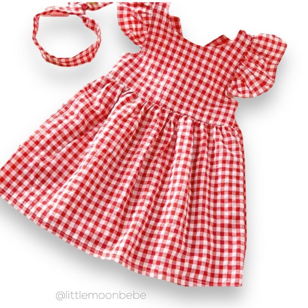 Red Gingham dress w. Matching Headband, Ruffle Sleeveless Elastic waist toddler dress gift