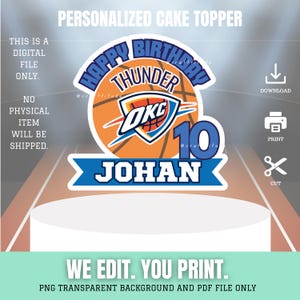 Adornos para tarta de cumpleaños de OKC Thunder Oklahoma, diseño imprimible, adorno digital personalizado