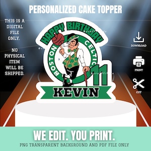 Topper de gâteau de joyeux anniversaire de l'équipe de basket-ball des Boston Celtics, décoration de gâteau imprimable personnalisée