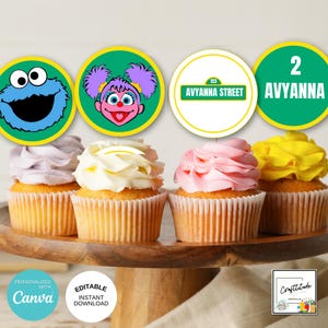 Decorazioni per cupcake di compleanno a tema Sesame Street: decorazioni per feste modificabili (download PDF)