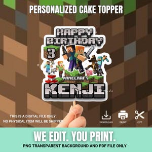 Benutzerdefinierte Spiel Minecroft Digital Cake Topper druckbare, personalisierte Kuchen, Gamer, alles Gute zum Geburtstag, Partybedarf