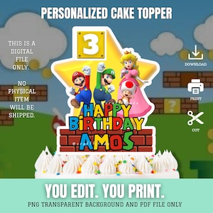 Editable Super Mario Birthday Cake Topper: Personalized Party Decor (Digital Download)