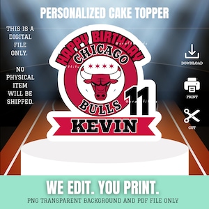 Topo de bolo de feliz aniversário do time de basquete Chicago Bulls, decoração de bolo para impressão personalizada