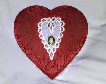 VINTAGE--Candy Boxes--Brocade Top Roses--Ribbon & Pearl Trim--Heart Shape--Removable Insert