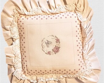 Needlework Pillow--Butterfly & Flowers--Ruffle with Lace Edging--#103PIL