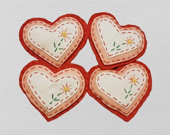 Rustic Embroidered Valentine Hearts--Set of 4