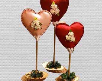 Hearts on Wood Stands--Set of 3--Valentine's Day--Ribbon Roses