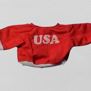 May include: Red and white short-sleeved shirt with a white "USA" graphic on the back.