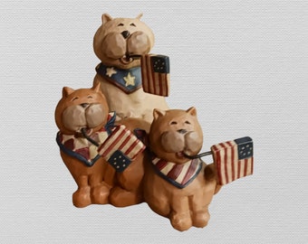 Vintage--Blossom Bucket--3 Patriotic Cats with Flags