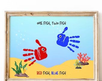 Un pez, dos peces, pez rojo, pez azul, arte de huellas de manos de la semana del Dr. Seuss, descarga instantánea en PDF